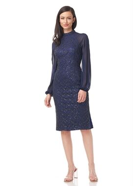 JS Collections Navy Blue Long Sleeve Beaded Midi Dress Classy Fitted Size 12